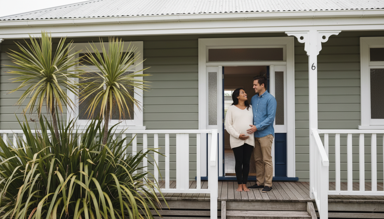 Young couple standing on the porch of their New Zealand home