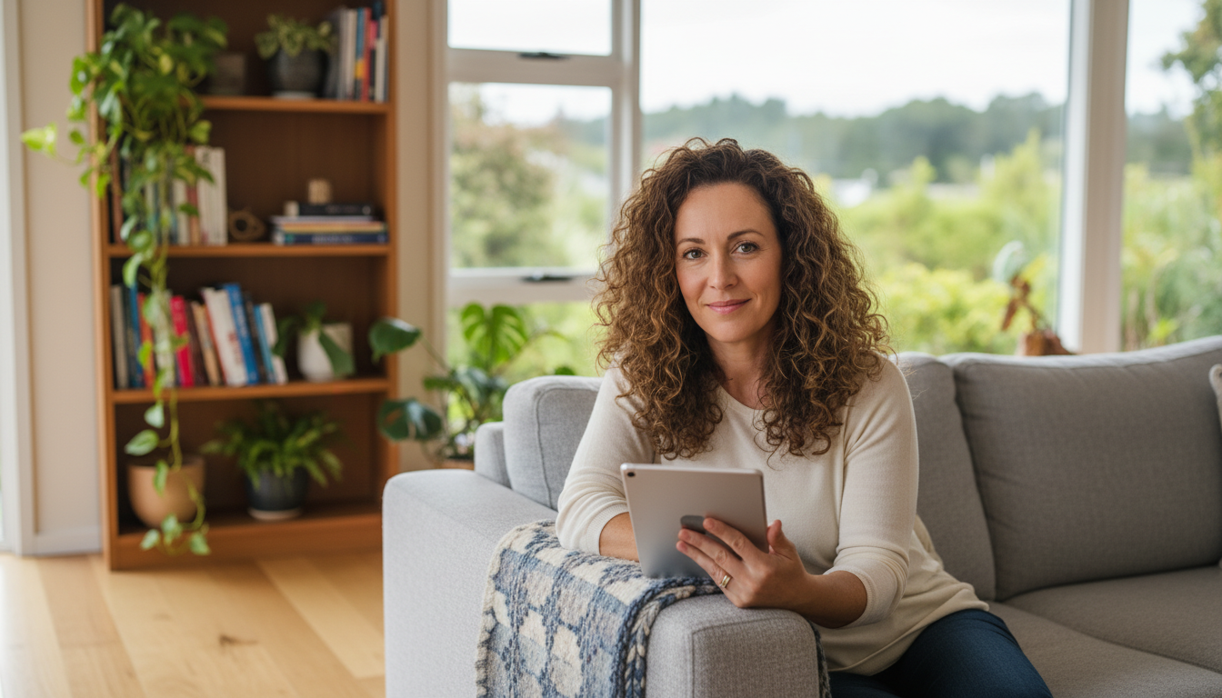 Confident woman researching insurance on her tablet at home
